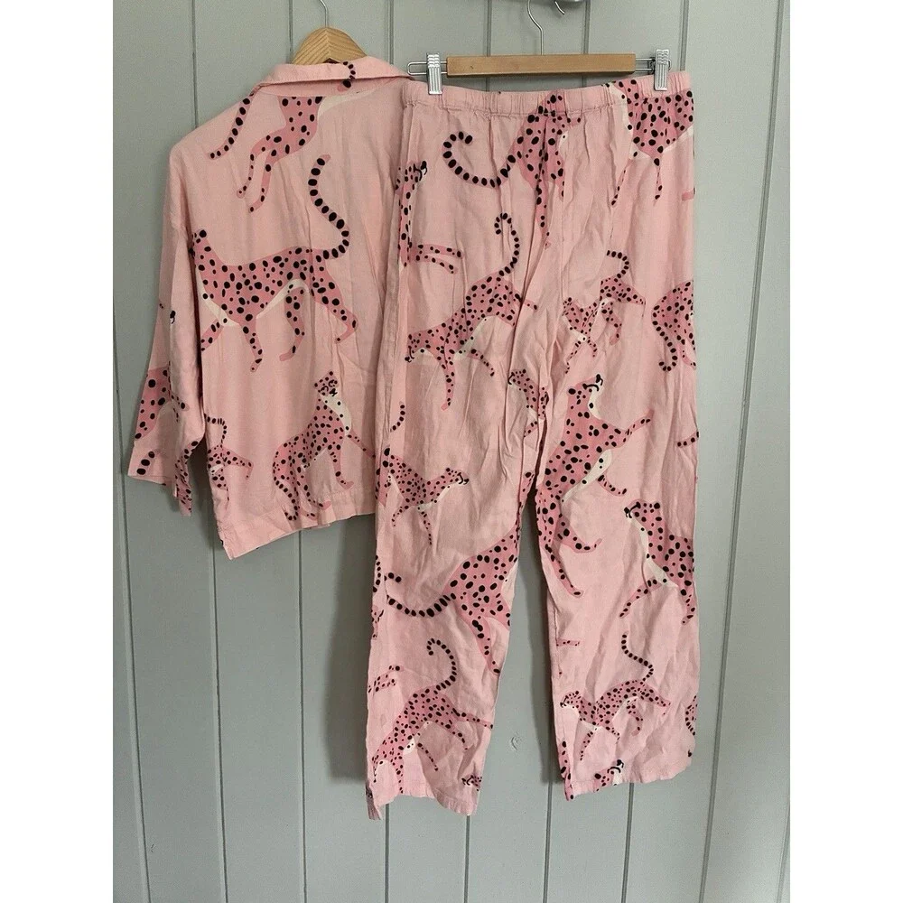 Loft Sleep Pajamas S Small Pink Panther Print 2-Piece Set L/S Collar